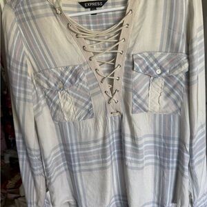 Express Light Plaid Lace-Up Top